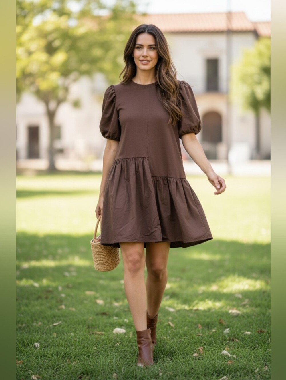 English Factory Brown Puff Sleeve Mini Dress